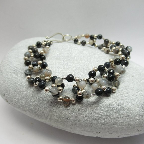 Black lace agate and silver link bracelet - Picture 1 of 10